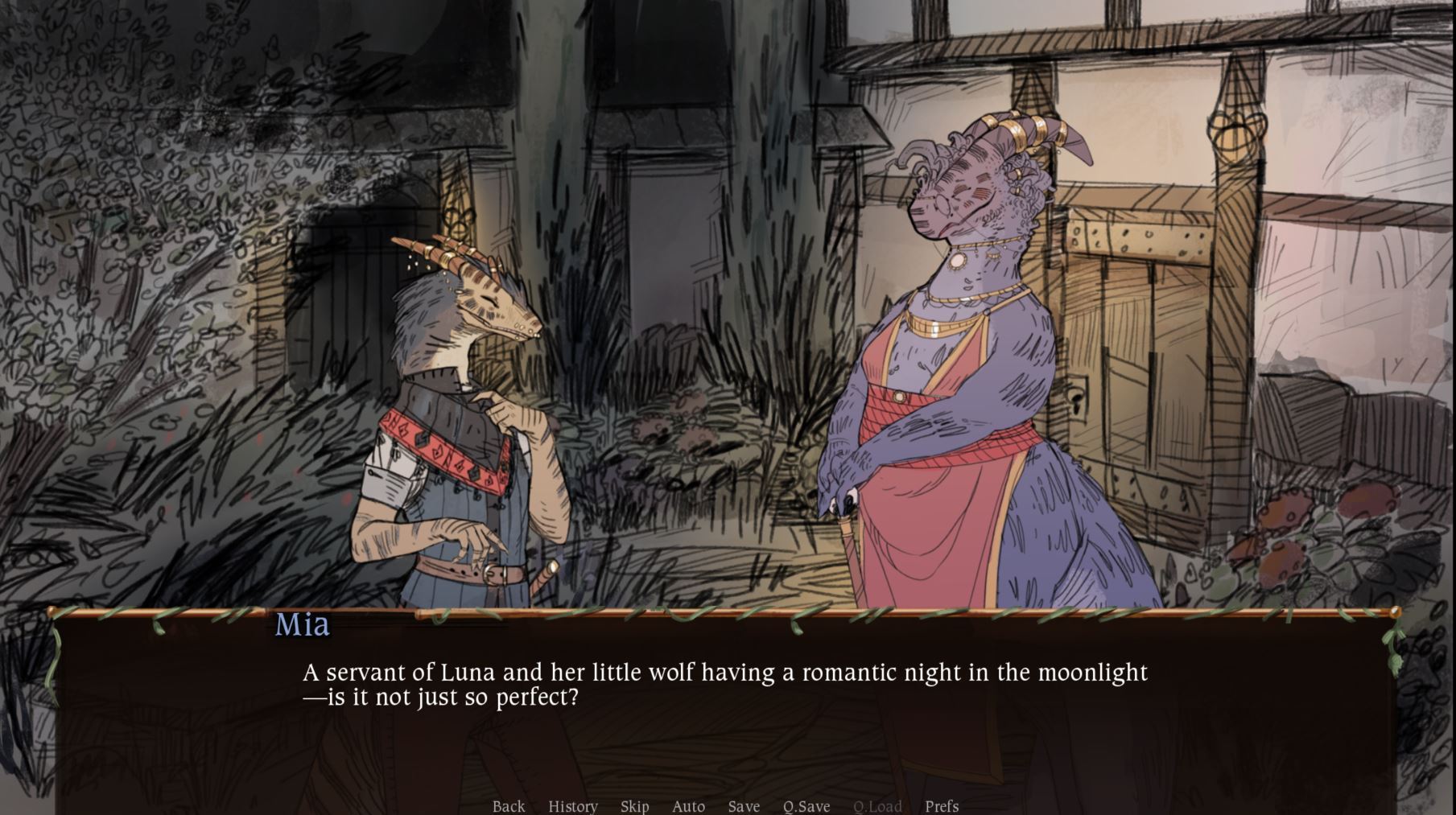 Caroline standing to the left and Mia is standing to the right in middle of the courtyard at night. Mia is saying A servent of Luna and her little wolf having a romantic night in the moonlight--is it not just so perfect?